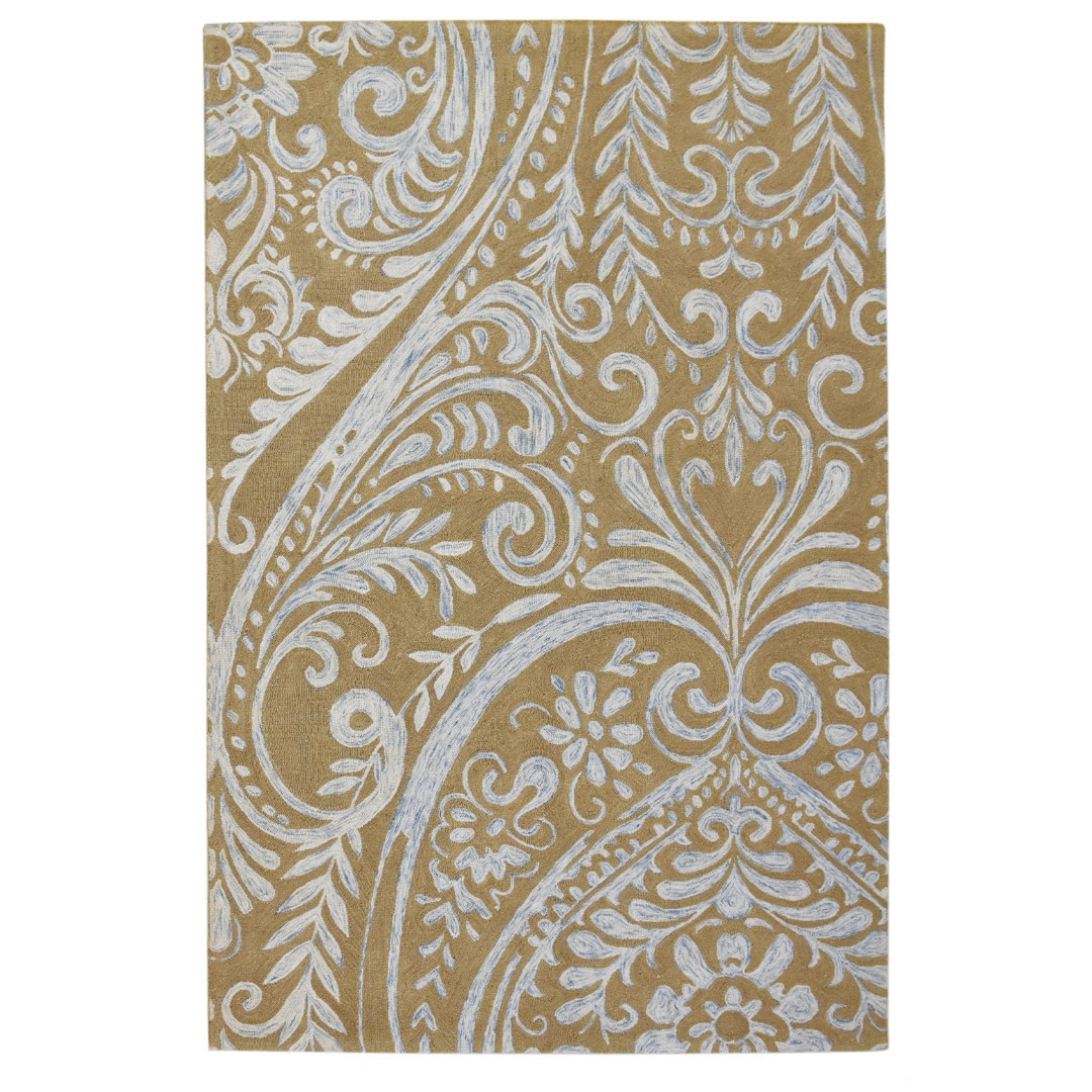 Beige rug with white damask and floral patterns